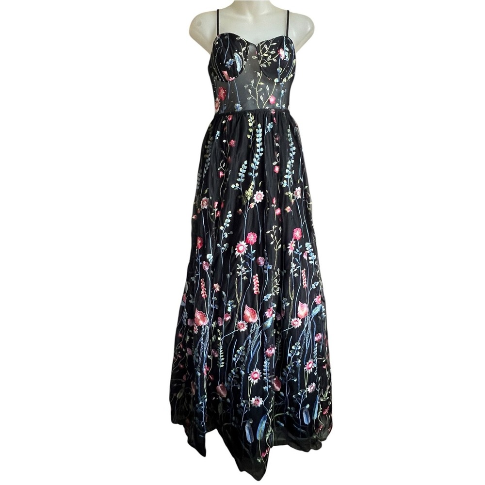 City Studios Black Floral Embroidered Tulle Maxi Gown Sz 3 Corset Top Fairy Hoco